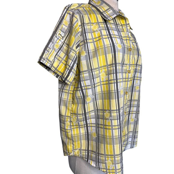 Adrian Delafield blouse L/XL Yellow gray plaid flowers short sleeve pocket colla - Picture 13 of 15